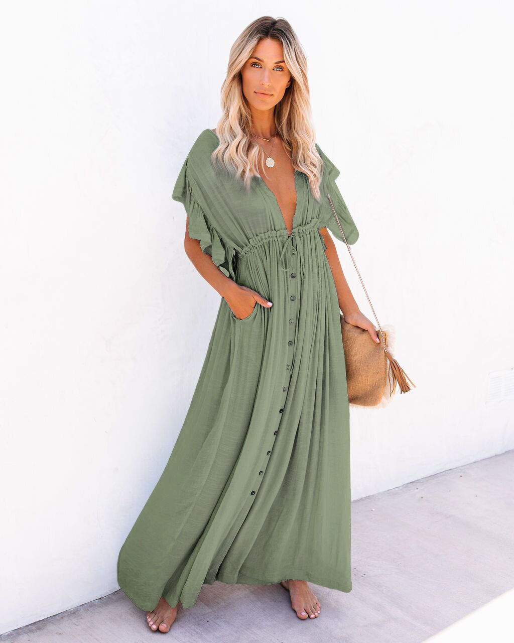 Green summer bohemian long tunic style cover up