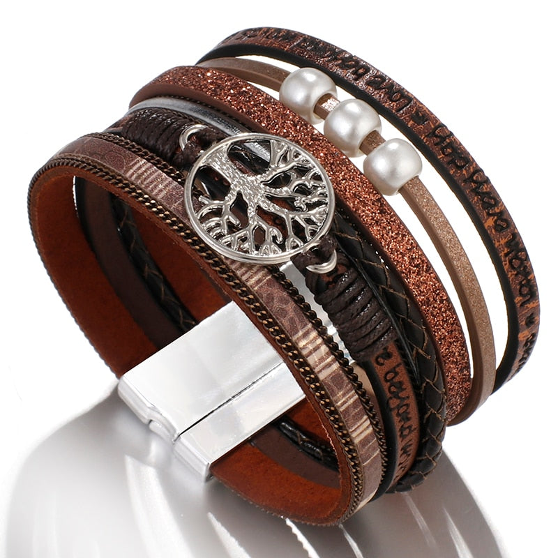 Boho Brown Tree of Life Pearl Leather Bracelet