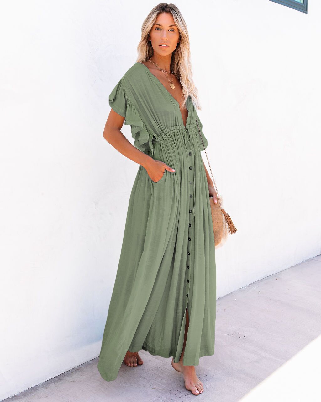 Green summer bohemian long tunic style cover up