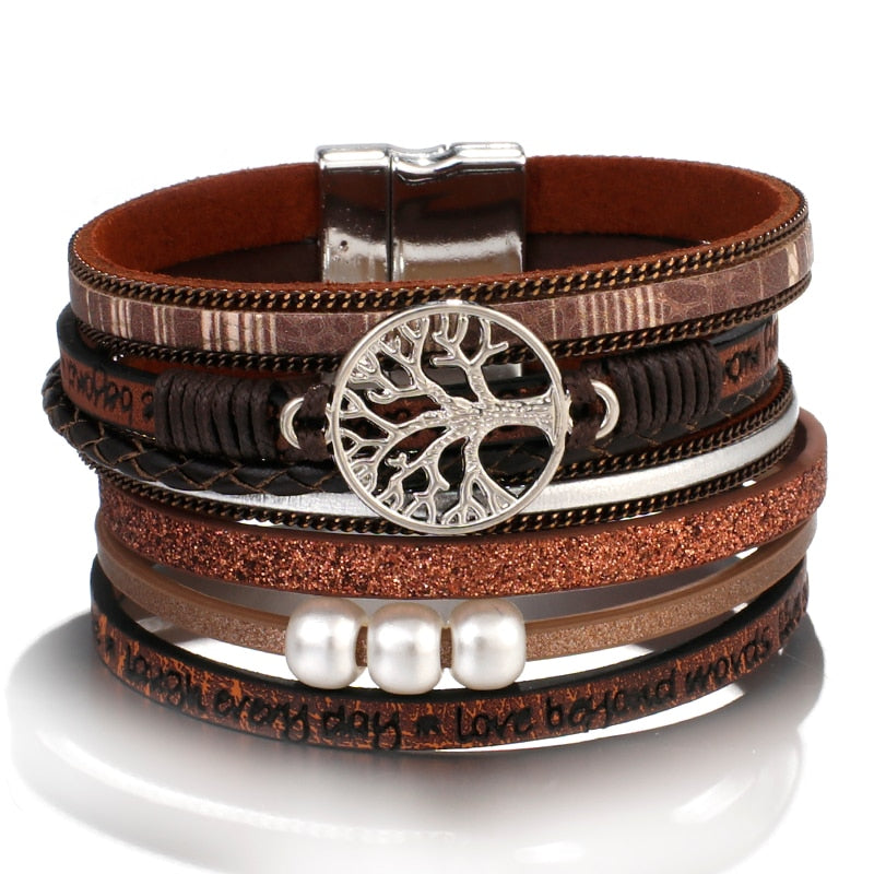 Boho Brown Tree of Life Pearl Leather Bracelet