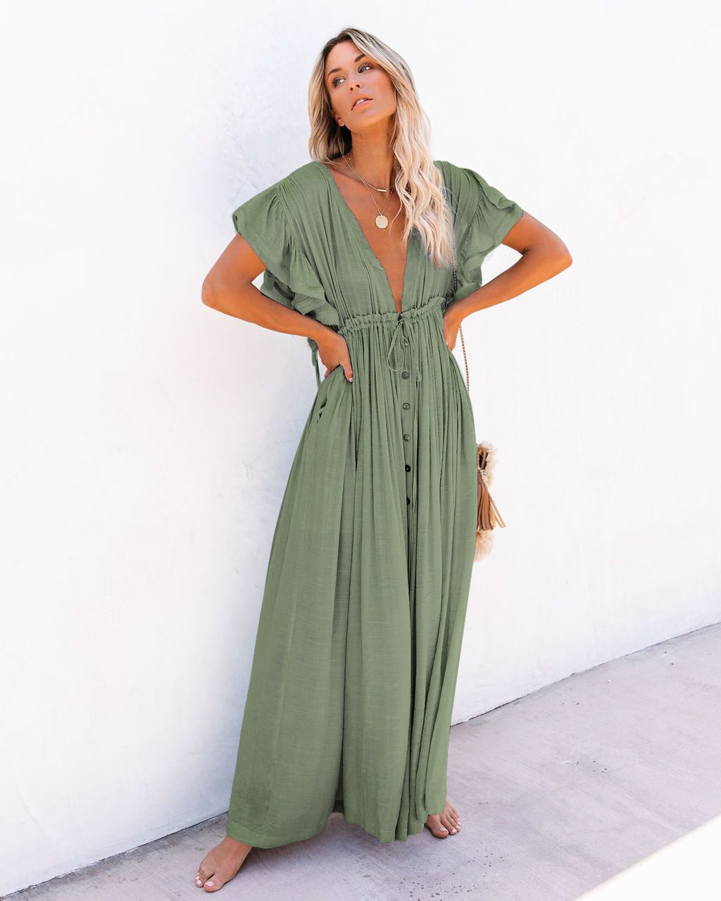 Green summer bohemian long tunic style cover up