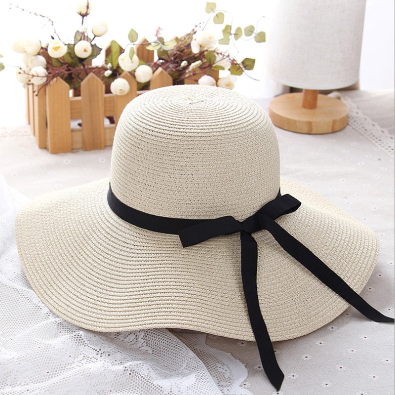 Wide Brim Floppy Ladies Straw Hat White