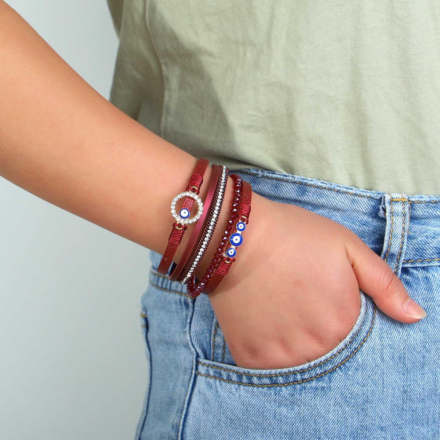 Bohemian Evil Eye Red Leather Rhinestone Bracelet