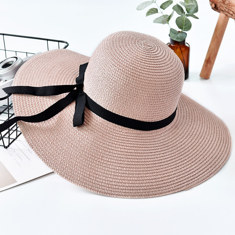 Wide Brim Floppy Pink Ladies Straw Hat