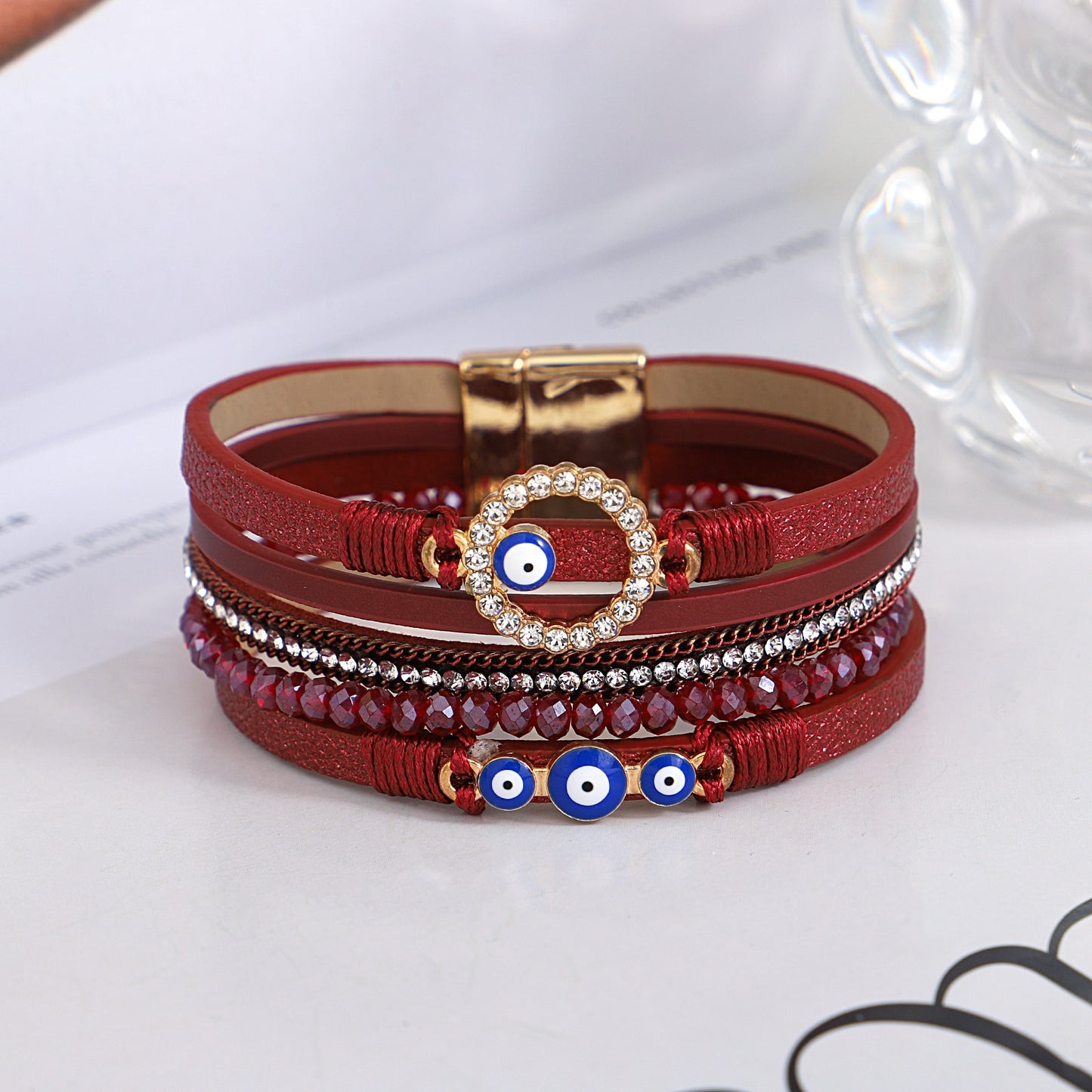 Bohemian Evil Eye Red Leather Rhinestone Bracelet