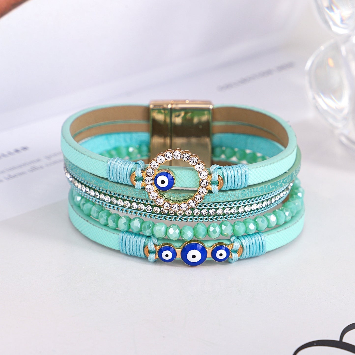 Bohemian Evil Eye Leather Bracelet/Bangle Light Green