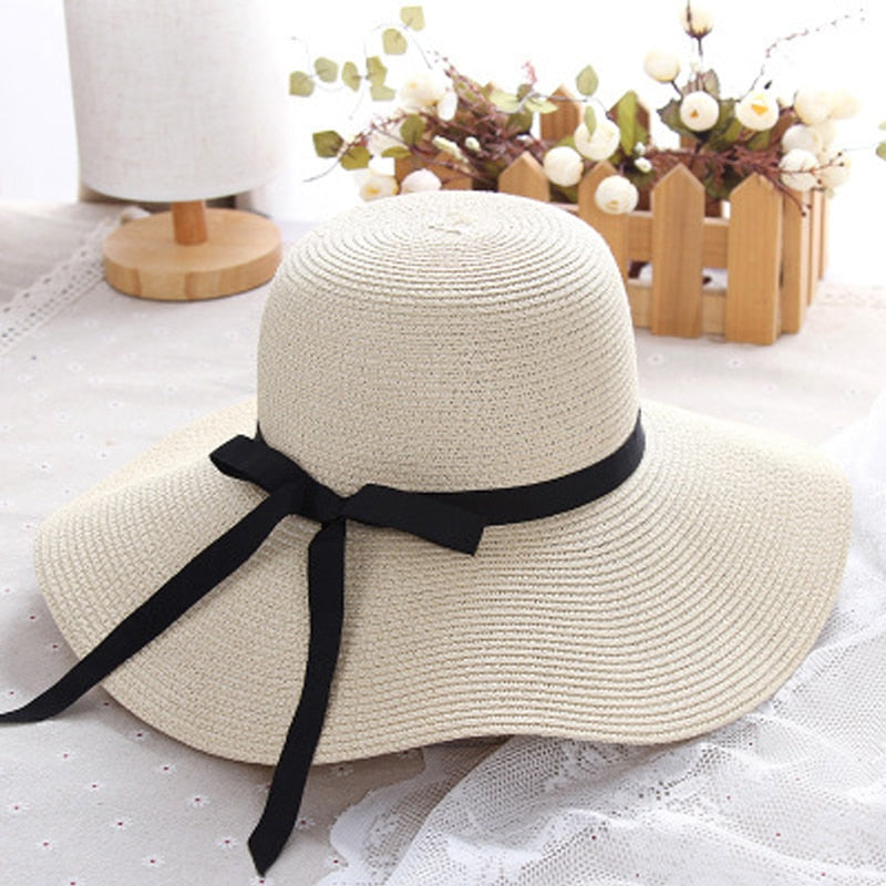 Wide Brim Floppy Ladies Straw Hat White