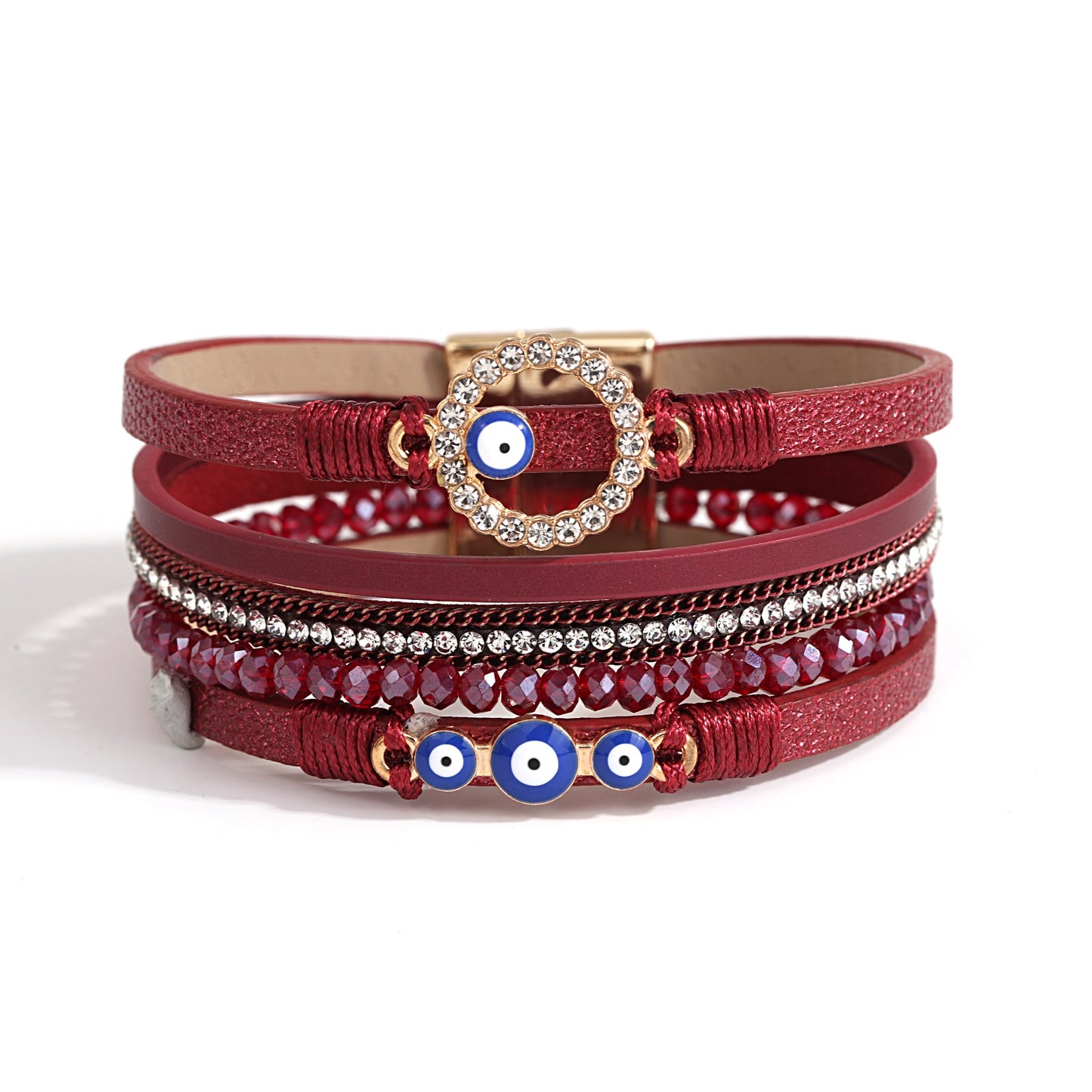 Bohemian Evil Eye Red Leather Rhinestone Bracelet